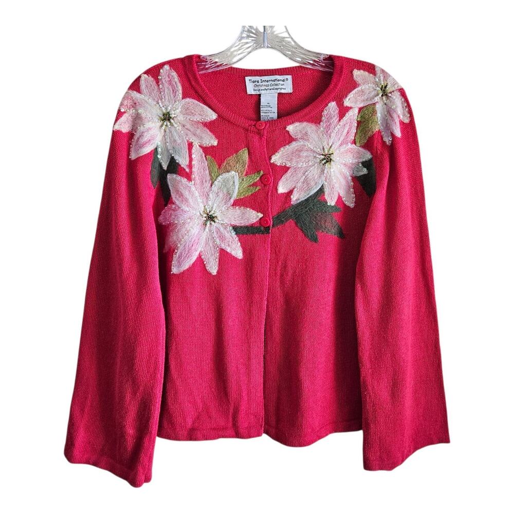 TIARA INTERNATIONAL Women's XL Cardigan Sweater Christmas Poinsettias Beaded 38"